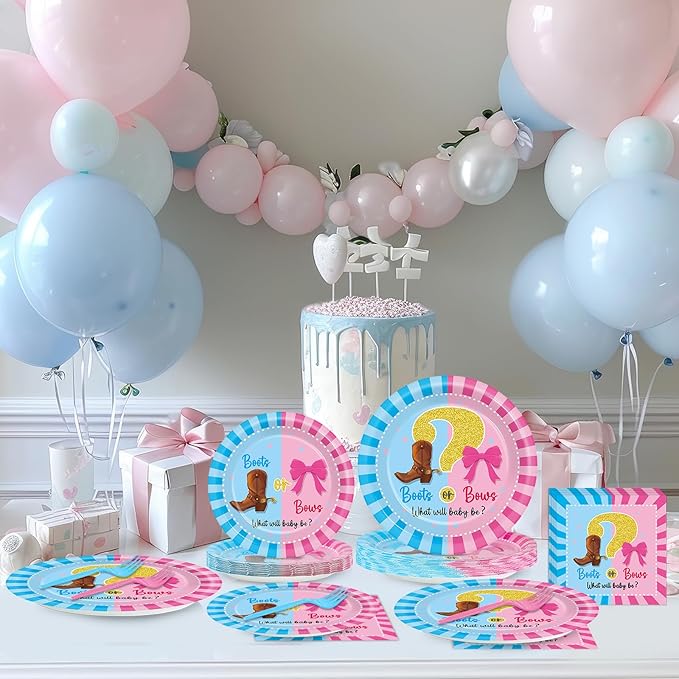 OBUSATT 96Pcs Boot or Bows Gender Reveal Party Decoration Boy or Girl Paper Plates Napkins Blue or Pink Supplies Boot or Bows Dinnerware Set Disposable Favor for Baby Shower Gender Reveal Serves 24