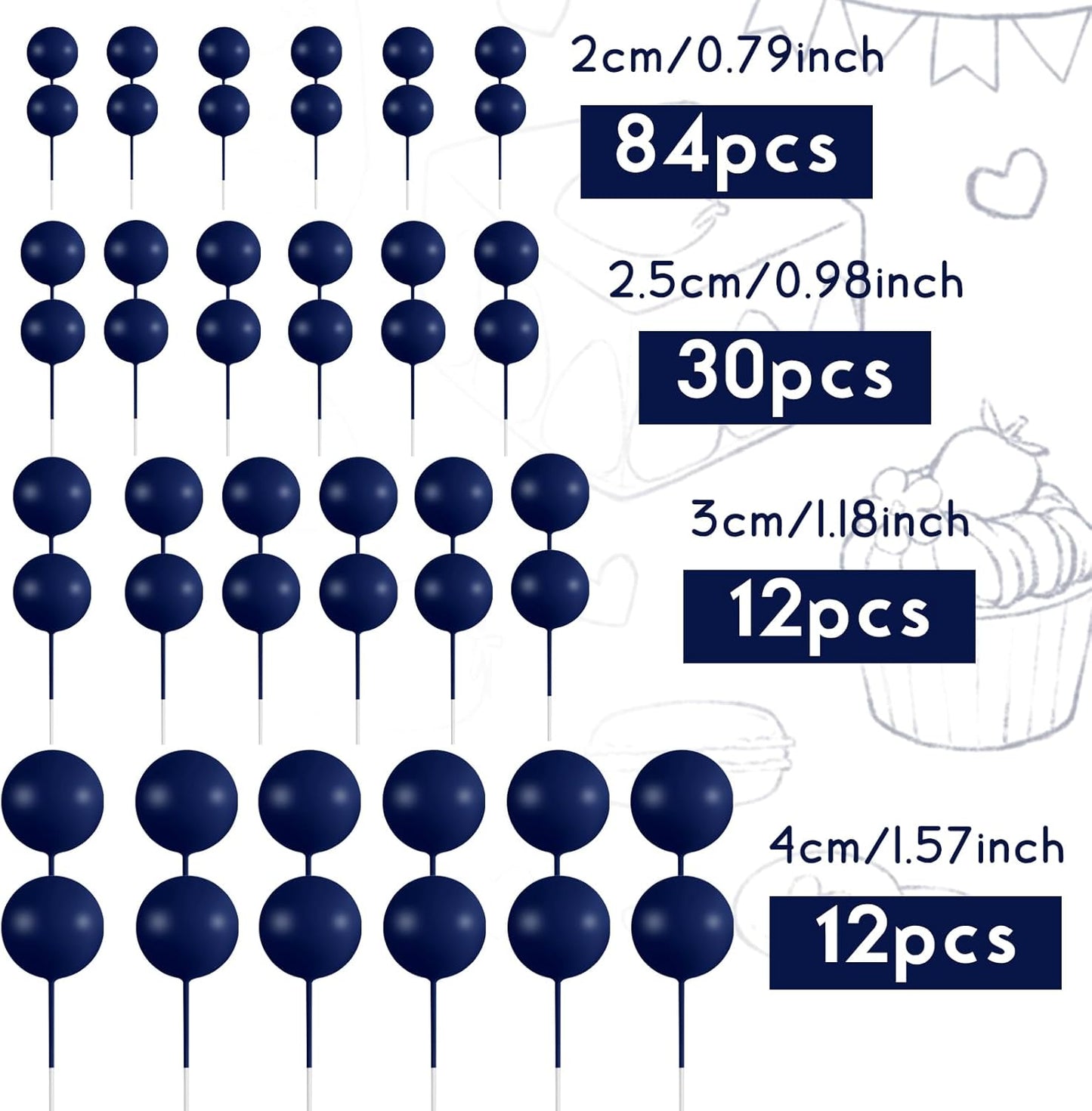 138 Pcs Blue Balls Cake Topper Decorations Balloon Cupcake Toppers Foam Multisize Cake Topper Balls for Birthday Party Wedding Anniversary