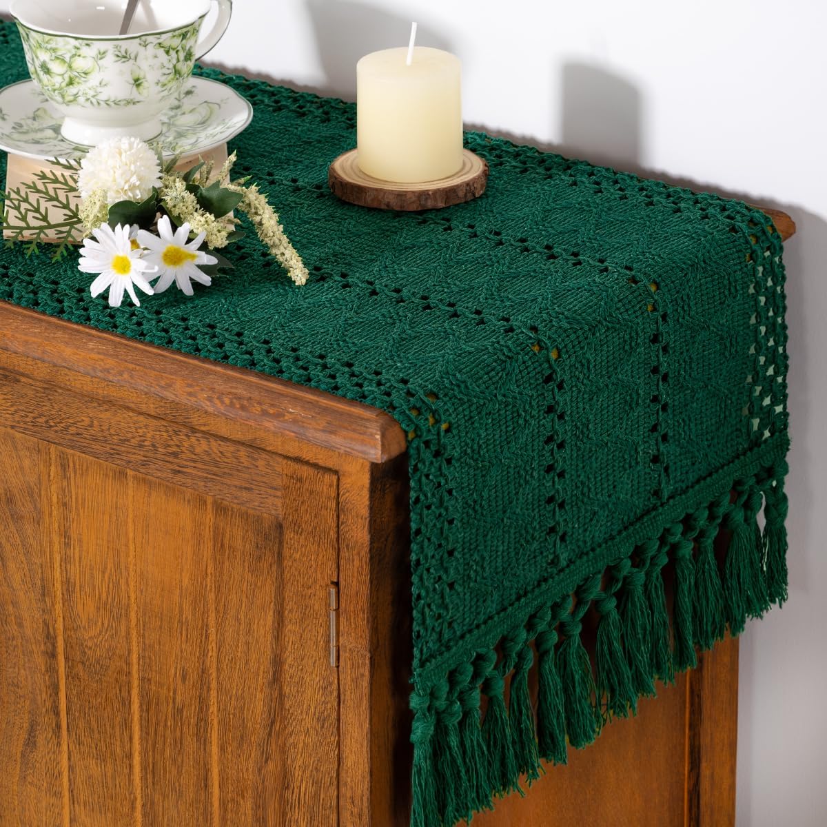 Socomi Boho Table Runner Fall Thanksgiving Farmhouse Rustic Dining Kitchen Centerpiece Decor Small Macrame Woven Cotton Linen Coffee Table Runner for Dresser Scarf Home Decor 12x60 inch Emerald Green
