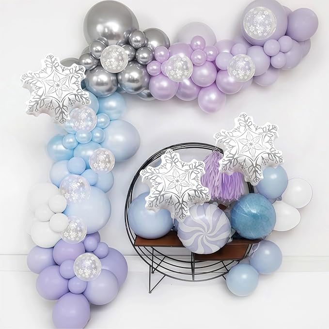 Purple Blue Snowflake Balloons Pastel Light Blue Purple White Balloons Pearl Winter Snow Wonderland Balloon Set for Girls Princess Mermaid Ice Birthday Christmas Baby Shower Wedding Party Decorations