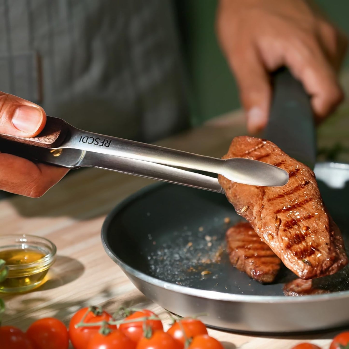 2 Pack Tongs for Cooking - 304 Stainless Steel & Walnut Wood, Comfortable Grip, Non-Slip Design, High Heat Resistant - Ideal for Kitchen, Barbecue & Frying Steak,9 Inch, silvery & back