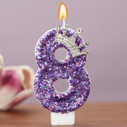 Birthday Number Candles,Purple Crown Birthday Candles for Cake,Glitter Number 8 Candle Cake Topper with Sequins for Anniversary Celebrations Supplies (Number 8)