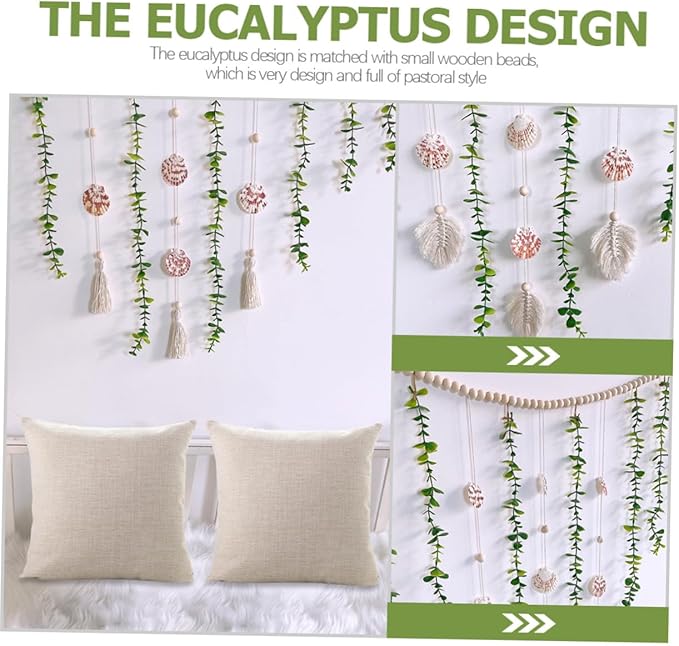 Nordic Style Wooden Bead Garland with Simulated Eucalyptus Leaves and Shells Lightweight Hanging Wall Decor for Bedroom Window Shelf Festive Photo Prop and Home Decoration