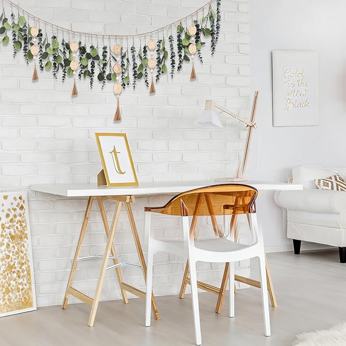 Juexica Artificial Hanging Eucalyptus Wall Decor Boho Bedroom Wall Decor with LED String Light for Home Office Farmhouse Nursery Bathroom Kitchen(Wooden Bead)