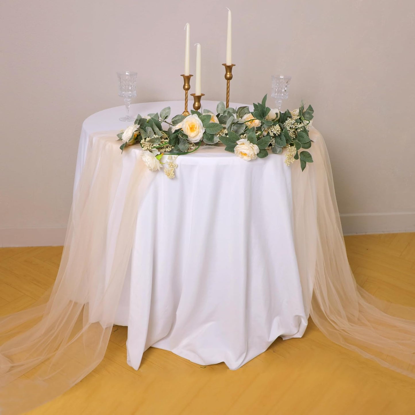 Snowkingdom Champagne Table Runner, 10 FT Sheer Tulle Cheesecloth Gauze, Boho Elegant Table Decoration for Home Party Wedding Birthday Baby Shower Christmas Holiday