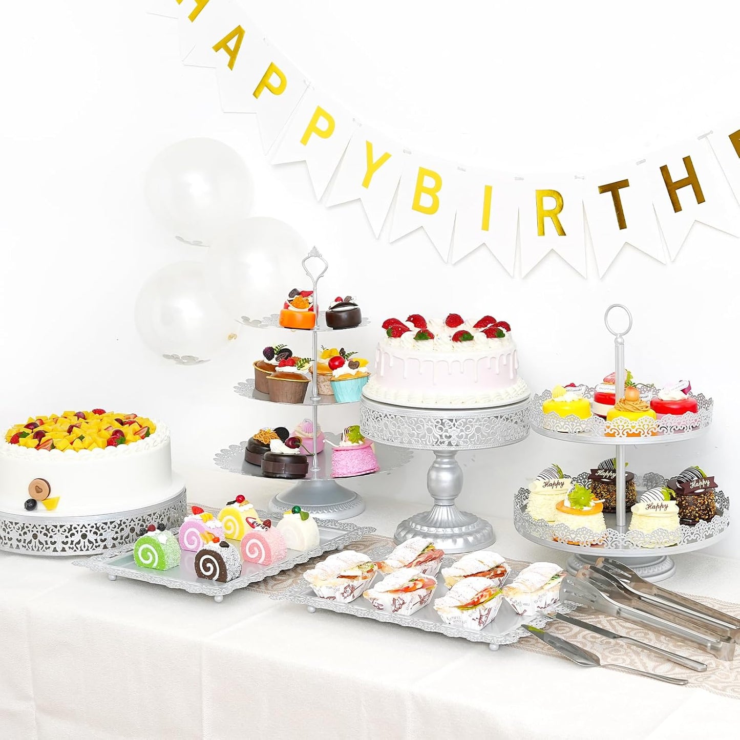 11 Pcs Silver Metal Cake Stand Set, Dessert Table Display Set for Party, Cupcake Stand and Candy Table Display Sets for Wedding, Birthday Celebration