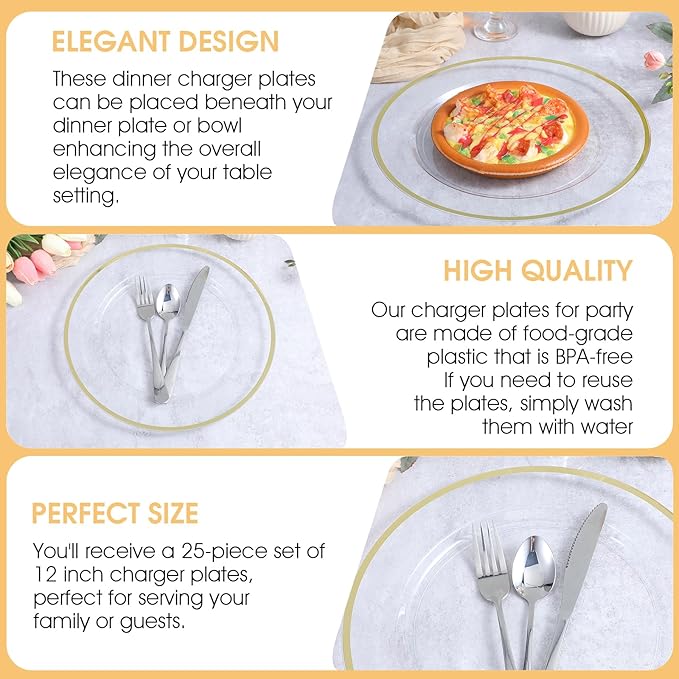 DIVINA VITAE 25Pack Disposable Clear Charger Plates Bulk with Gold Trim, 12 Inch Gold Plastic Chargers Plate Disposable for Party, Wedding, Dinne, Thanksgiving,Halloween,Christmas