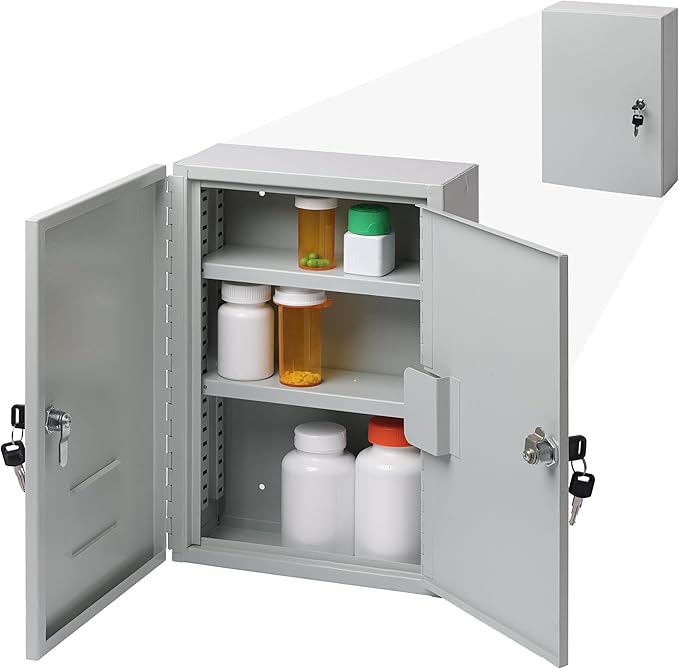 Durabox 2-Door Narcotics Cabinet - Double Door & Dual Key Lock Steel Cabinet for Safe Storage of Medicine, Prescription Drugs, Medical Supplies and More, 10" W x 15" H x 4-1/2"D (Grey, Small)