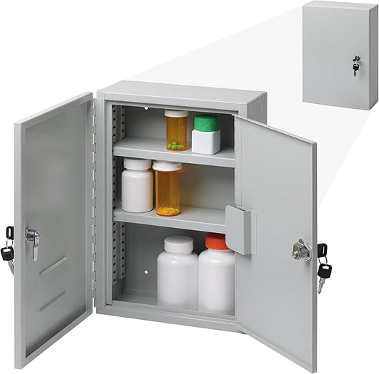 Durabox 2-Door Narcotics Cabinet - Double Door & Dual Key Lock Steel Cabinet for Safe Storage of Medicine, Prescription Drugs, Medical Supplies and More, 10" W x 15" H x 4-1/2"D (Grey, Small)