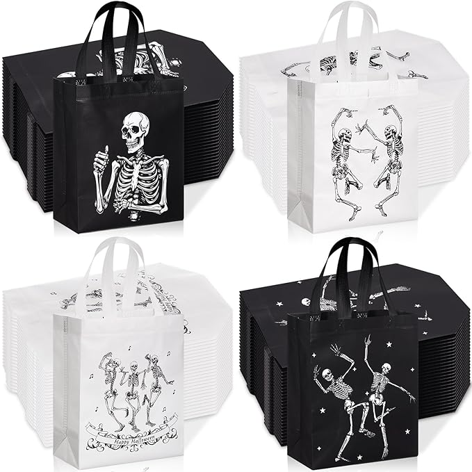 Wesnoy 48 Pcs Halloween Skeleton Gift Bags Party Favors Reusable Black White Non Woven Skull Goodie Candy Treat Tote Bags Bulk with Handles Hippie Dancing Skeleton for Birthday Party