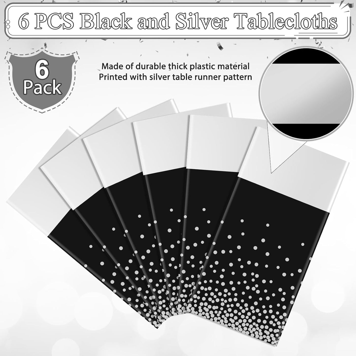 6Pcs Black and Silver Tablecloth Party Decorations,Plastic Black Table Cloth Printed Silver Table Runner Disposable Rectangle Table Cover for Birthday Anniversary Wedding Graduation Party,54 x108 Inch