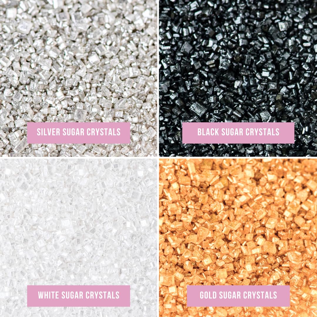 Sweets Indeed Metallic Sugar Crystals 4-Pack – 4.52 oz | Black, Gold, Silver & White Sparkling Sugars in Individual Jars | Premium Baking & Decorating Sugars for Holidays, Parties & Desserts