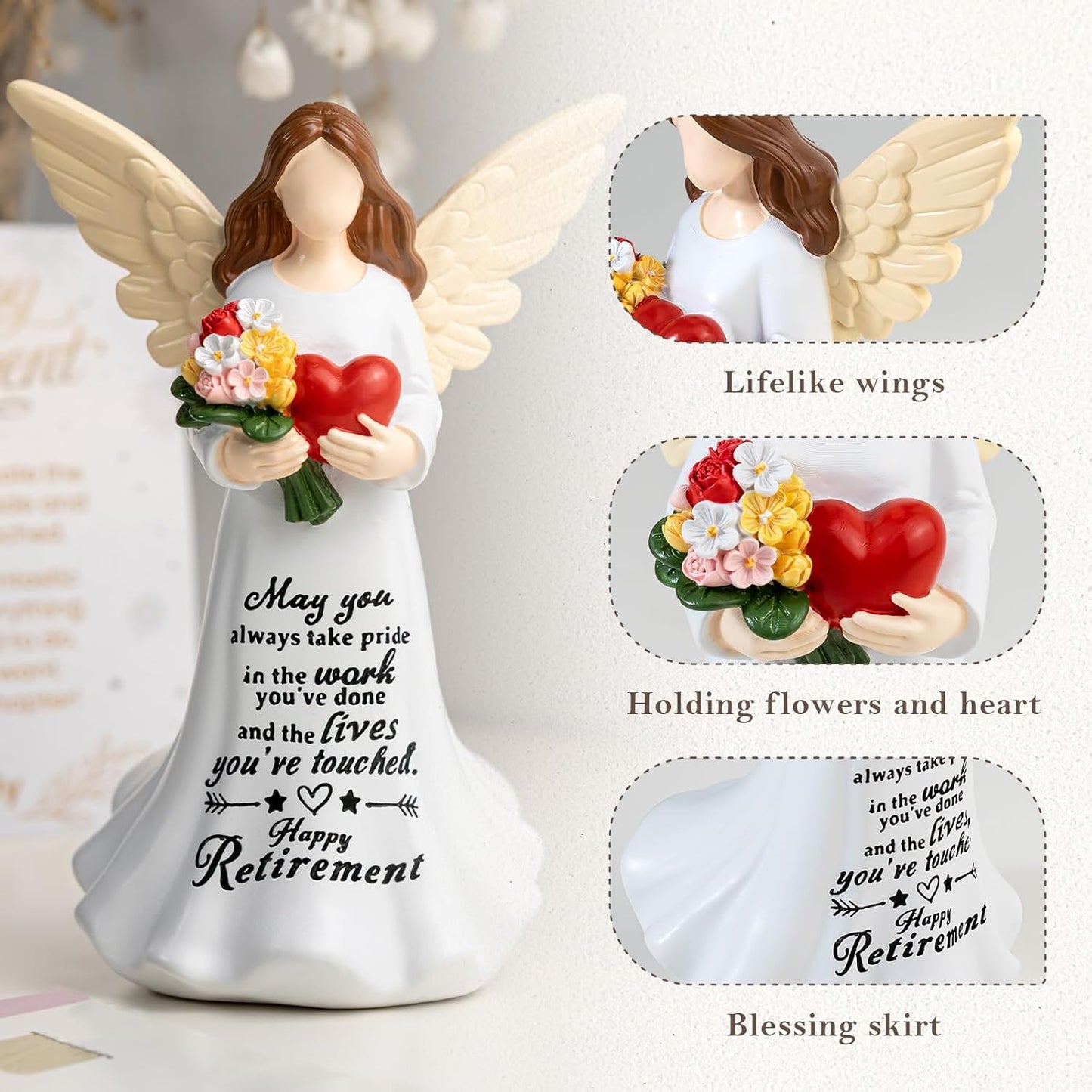 Retirement Gift for Woman, 7.1" Angel Figurine with Happy Retirement Card Home Decor Retired Gifts for Coworker Nurse Teacher Doctor Friend Farewell Going Away Retirement Party Decorations