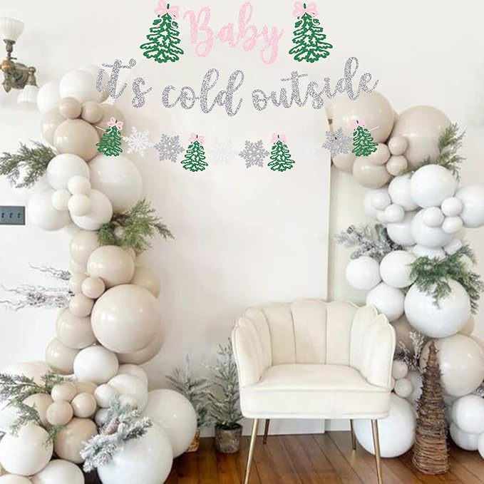 Pink Bow Baby It's Cold Outside Banner Christmas Baby Shower Decoration Winter Holiday Snowflake Welcome Newborn Party Supplies