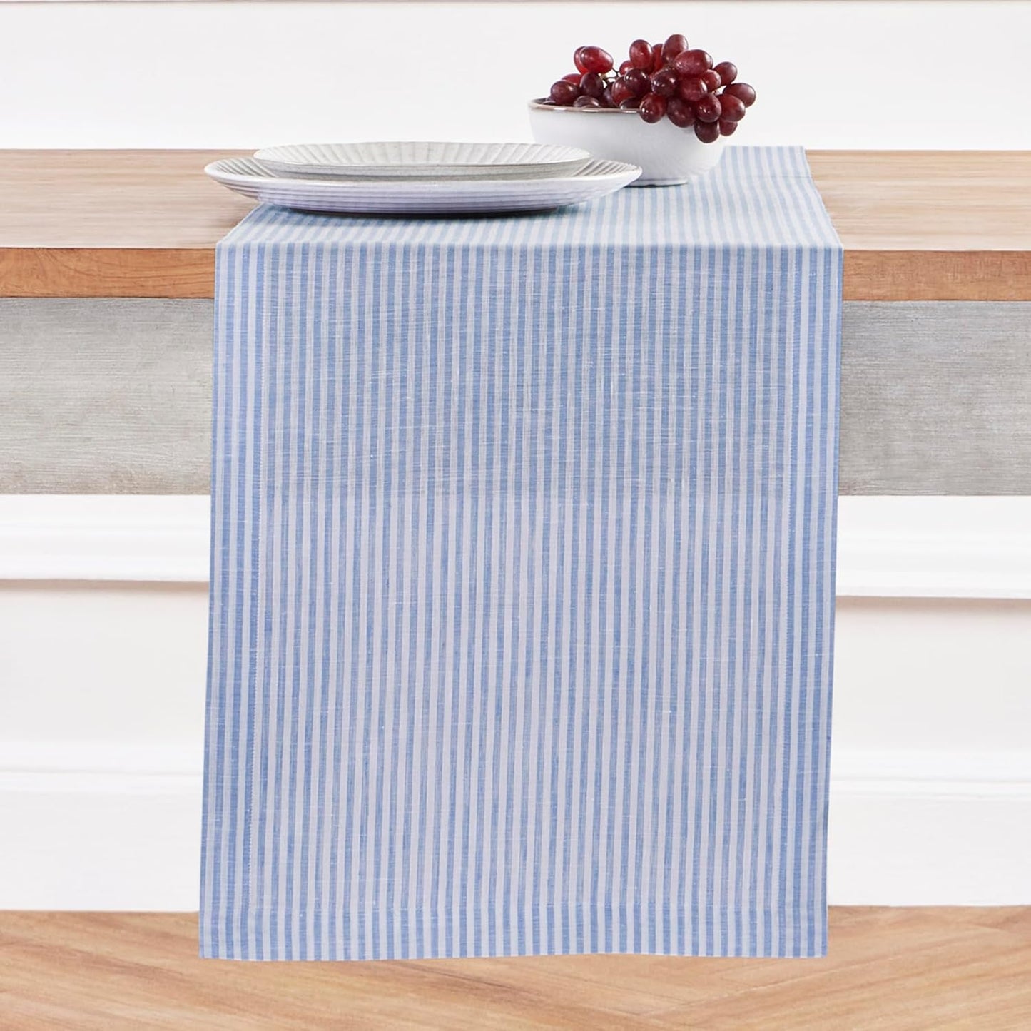 Solino Home Linen Table Runner 48 Inches - Narrow Stripe 100% Pure Linen Cornflower Blue and White Table Runner 14 x 48 Inch Ideal for Dresser and Coffee Tables