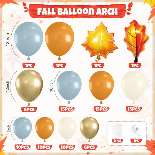 Fall Balloon Garland Arch Kit, Dusty Blue and Retro Orange Gold Confetti Balloons with Leaf Foil Balloons for Thanksgiving Party Autumn Fall Birthday Baby Shower Party Decorations