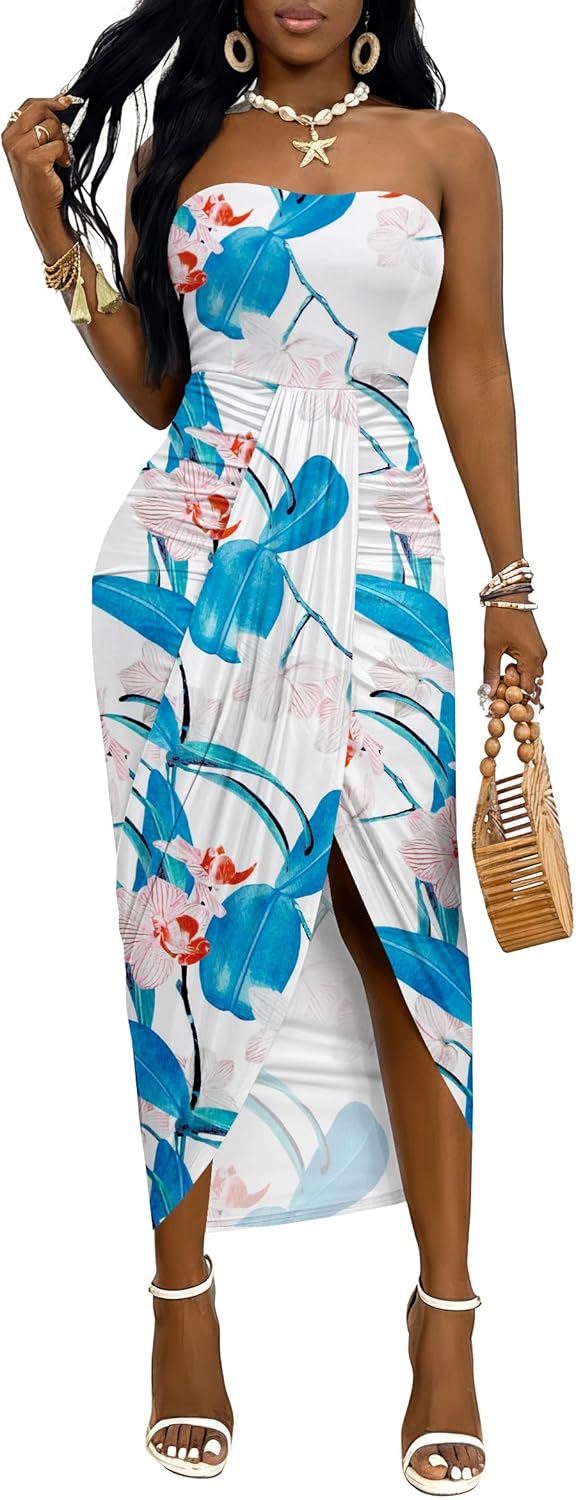 Umenlele Women's Strapless Ruched High Waist Wrap Split Asymmetrical Beach Maxi Long Dress