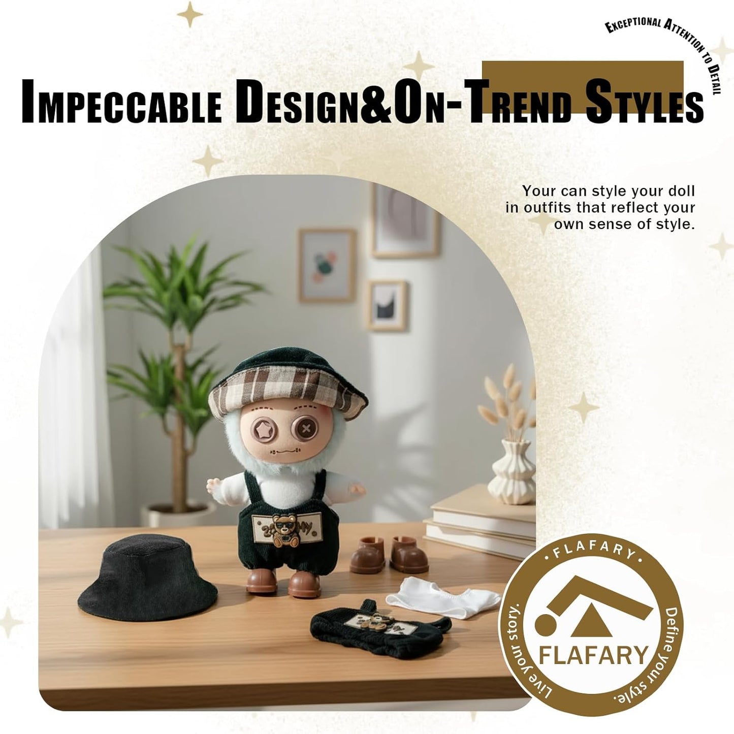Doll Clothes for 17cm Dolls (No Doll Included) - Stylish and Adorable Outfits for Boys and Girls, Toy Fashion Accessories, Include Hat, Canvas Shoes(Teddy Bear-Hat)