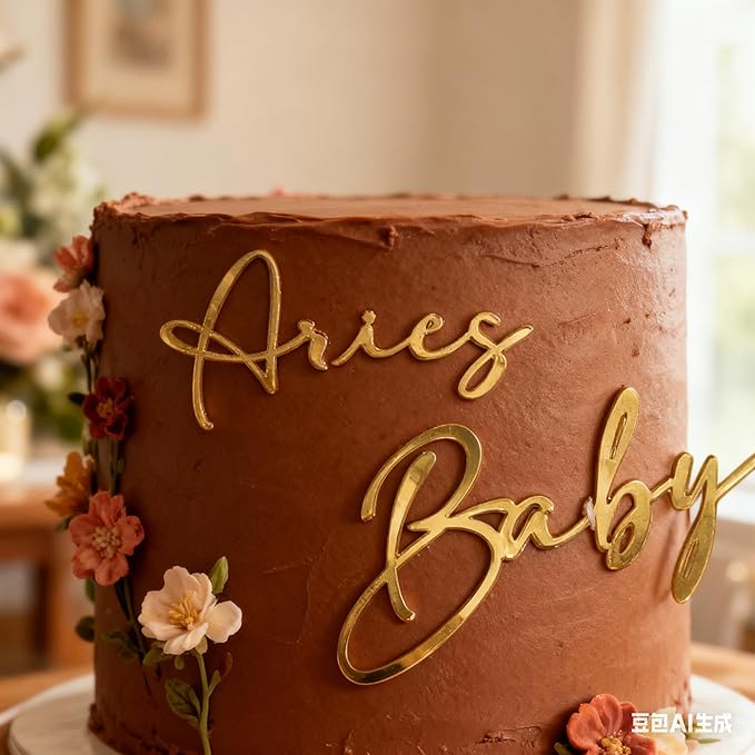 Gold Cake Topper with Aries Zodiac Sign,Acrylic Baby Text Decoration Aries Season/12 Zodiac Constellation Theme Birthday Zodiac Cake Decor,March/April Birthday Cake Decorations for Girl/Boy