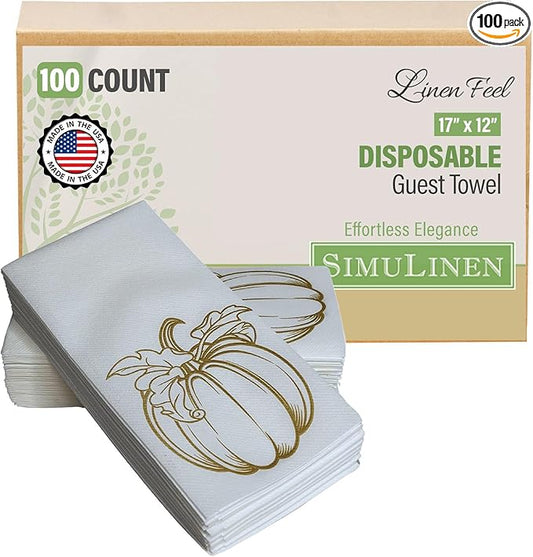 SimuLinen Gold Pumpkin Linen Feel Disposable Bathroom Hand Towels - Thanksgiving Soft, Absorbent, Single-Use 12"x17" Paper Towels, 100ct (Made in USA)