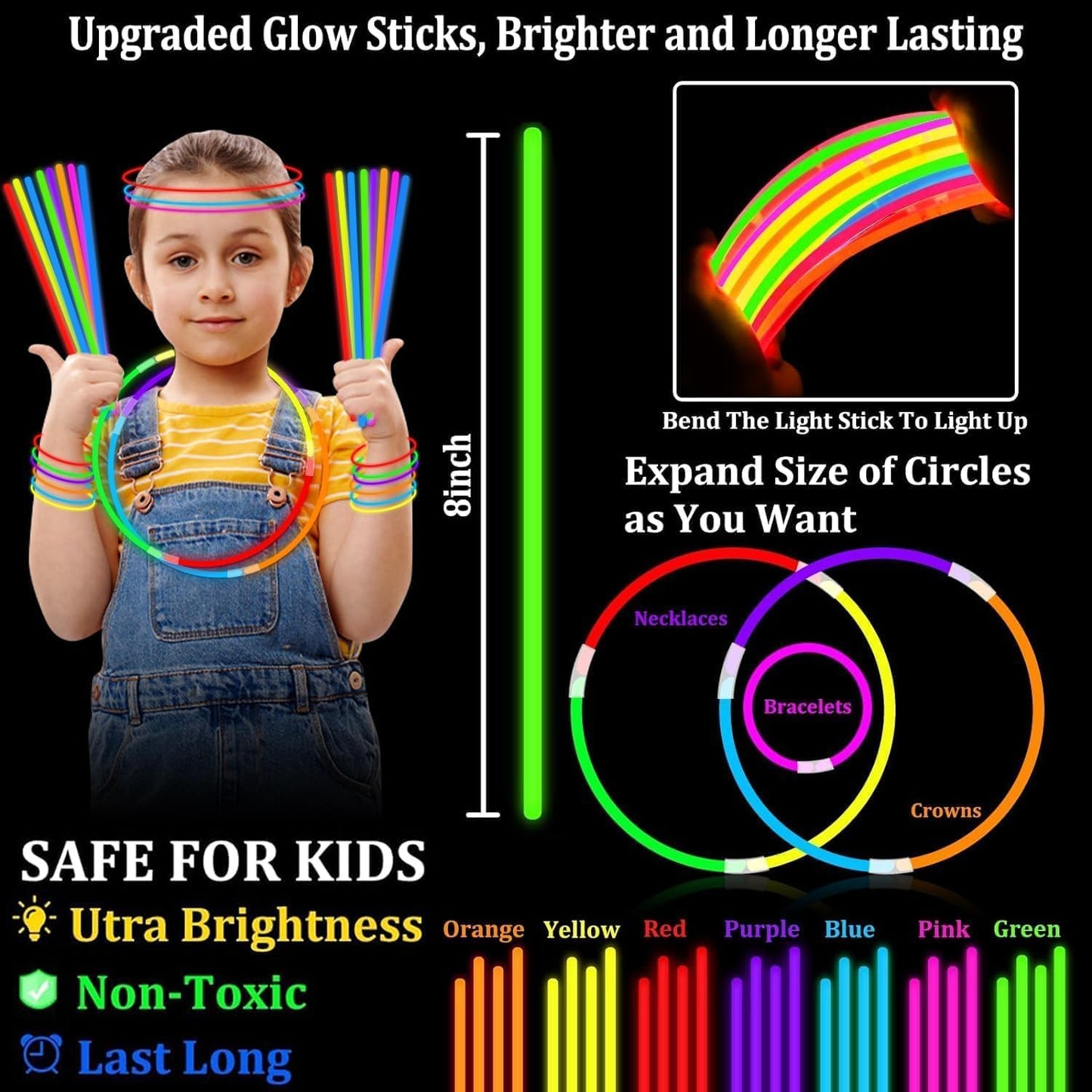 TURNMEON 500 Pack Ultra Bright New Year Eve Christmas Glow Sticks Bulk Party Pack Halloween Glow In The Dark Party Supplies Favors Glow Sticks Necklaces Bracelets with Connector 8" Glow stick Light Up
