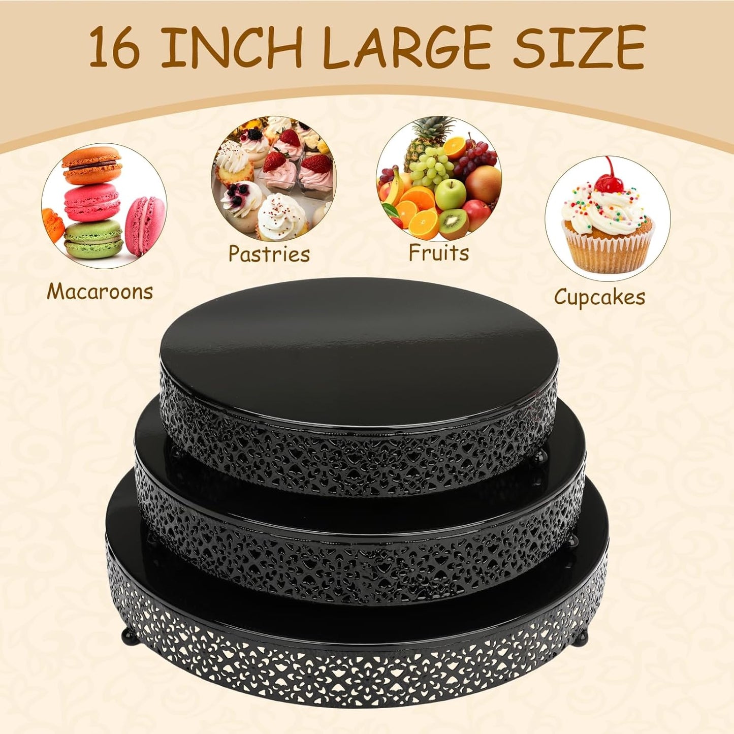 3 Piece Cake Stands Set 16'' 14'' 12'' Round Metal Cake Stands Cupcake Stand Riser Pastry Candy Display Plate for Dessert Table Wedding Event Birthday Anniversary Party (Black)