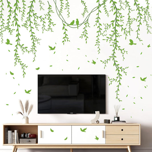 Hanging Willow Branch Wall Stickers DIY Green Vine Leaf Plant Wall Decals Peel and Stick Grass Birds Butterfly Art Mural Decortions for Kids Baby Girls Nursery Bedroom Living Room Offices Classroom (Green)