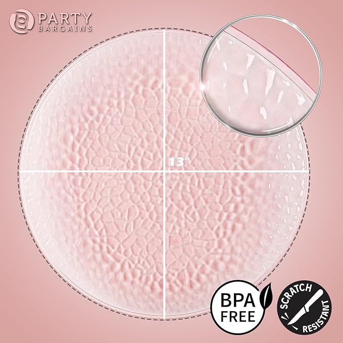 PARTY BARGAINS 13-Inch Charger Plates - 8 Pack, Hammered Pink, Heavy-Duty Disposable Chargers for Elegant Dining - Ideal for Weddings and Formal Events