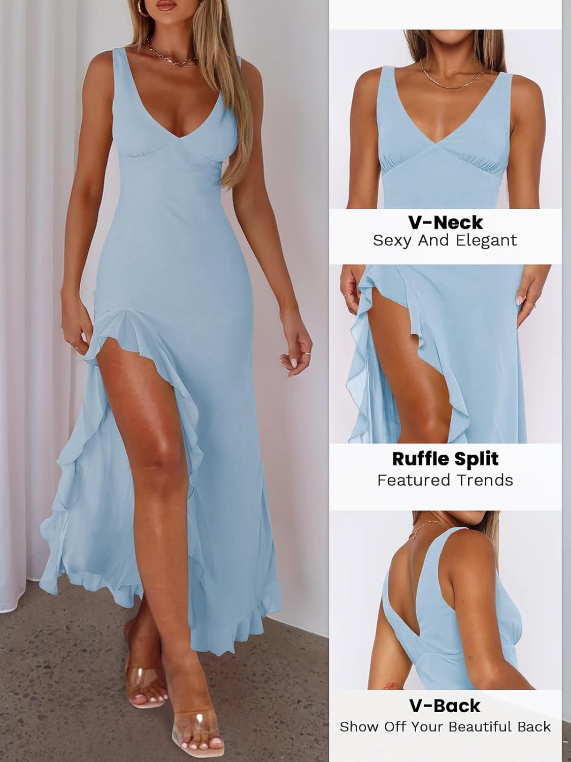 Women Sexy V Neck Sleeveless Mesh Ruffle Hem Bodycon Maxi Casual Backless High Slit Cocktail Party Dress