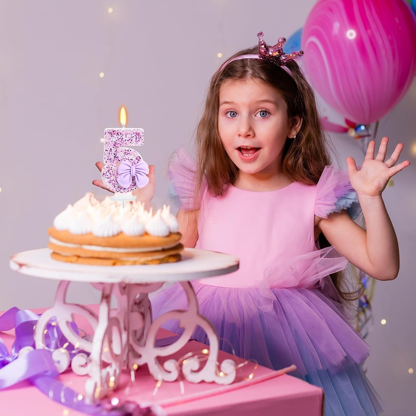 Birthday Candle for Cake, 5 Candle - Purple Glitter with Bowknot, 2.76 inch Cake Topper Decoration for 5 Years Old Birthday Party (Number 5)