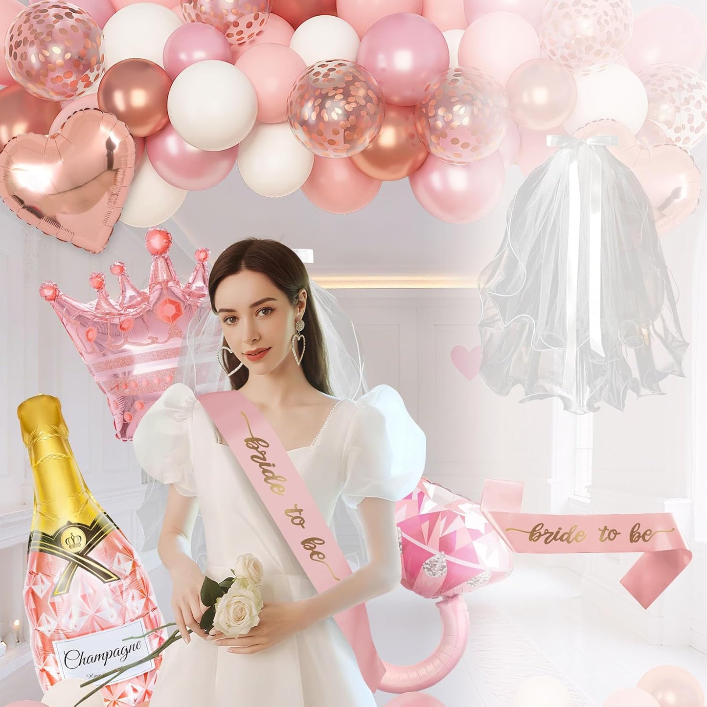 Ouddy Life Rose Gold Bachelorette Party Decorations, Bride to Be Bridal Shower Decoration with Crown Champagnes Diamond Ring Heart Foil Balloons, Veil Sash, Fringe Curtains Engagement Wedding Supply