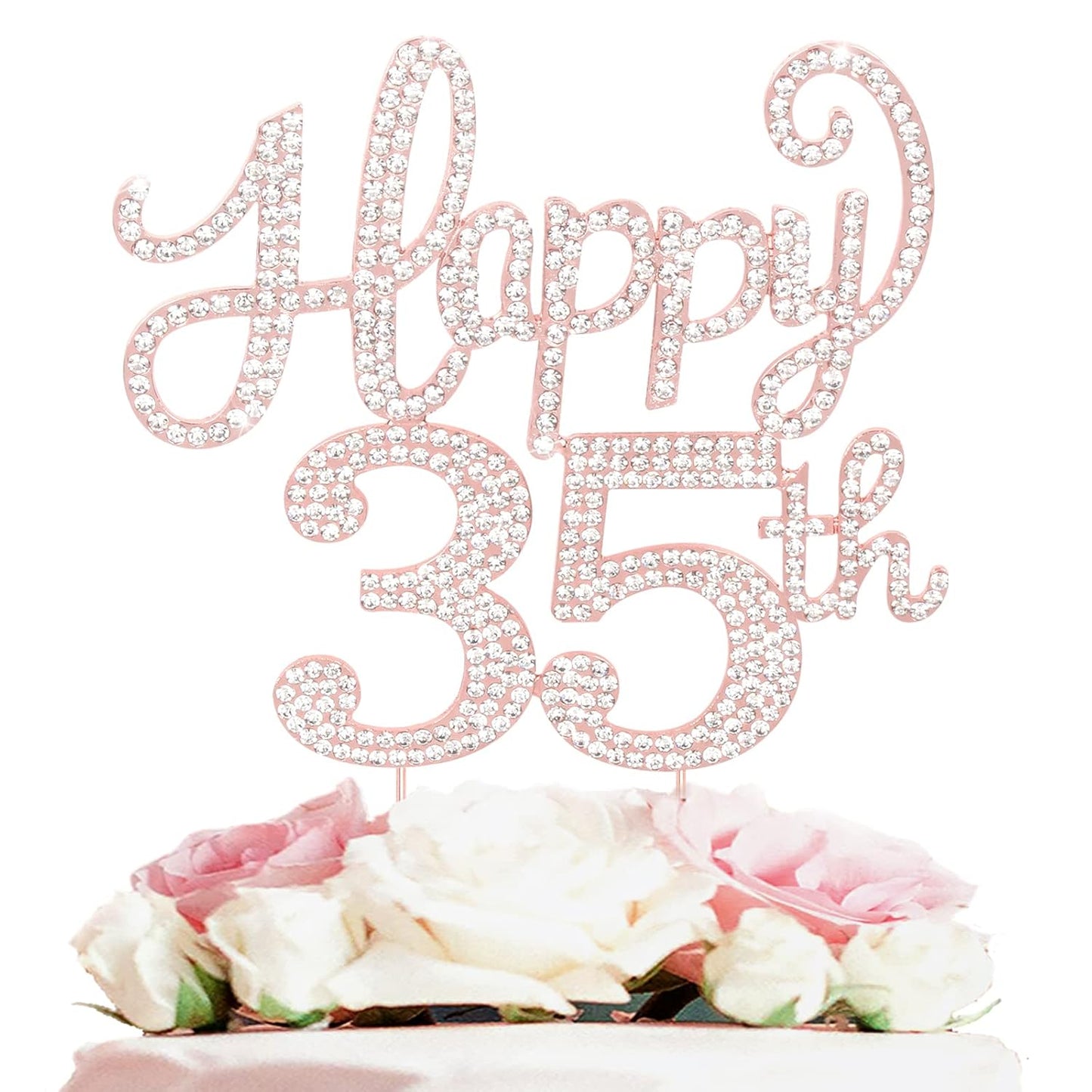 LASKYER Happy 35th Birthday Rose Gold Rhinestone Cake Topper - 35th Birthday/Anniversary,Cheers to 35 Years Old Bday Party Metal Sparkly Centerpieces Decorations.