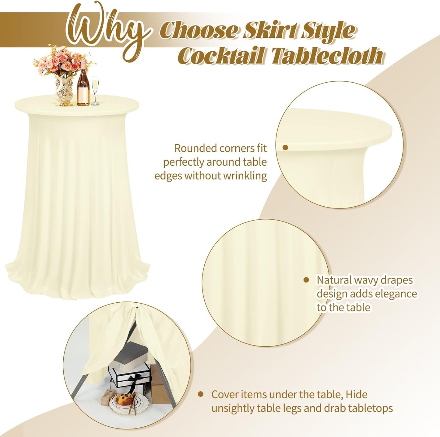 3 Packs Cocktail Table Covers Beige Round Bar Table Cloth Off White 32"x 43" Spandex Stretch High Top Table Covers with Wavy Drapes Fitted High Top Table Cloth for Party Wedding Banquet Bar Table