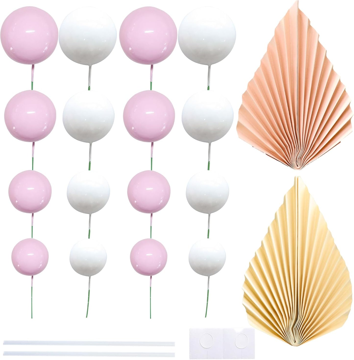 Ephlyn 28Pcs Paper Palm Fan Cake Topper Decorations Balls Cake Pick for Baby Shower Wedding Bridal Shower Birthday Party Cake Decorations Pink White