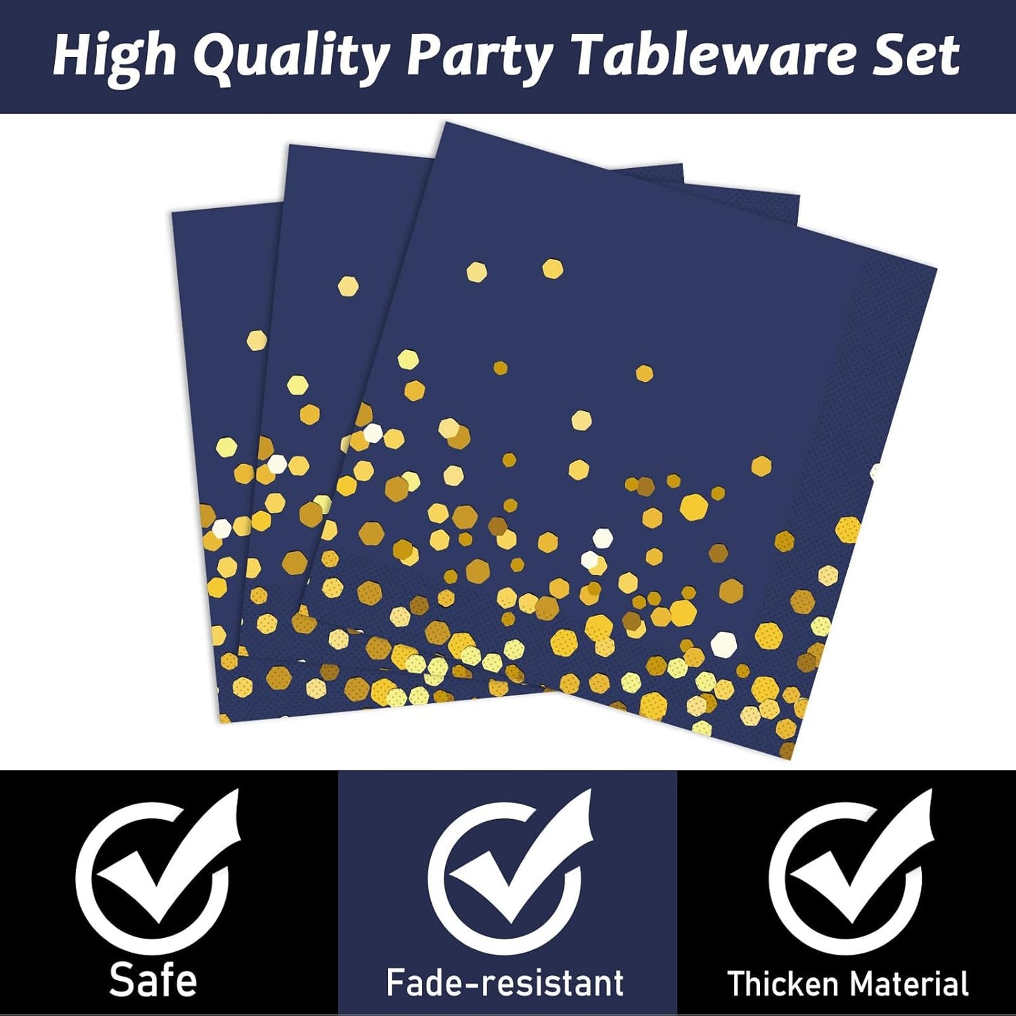 gisgfim 50 Guests Blue and Gold Party Supplies Tableware Set Gold Dot on Blue Paper Plates Napkins Disposable Paper Plates Graduation Table Decors for Men Women Happy Birthday Party Decorations 200PCS