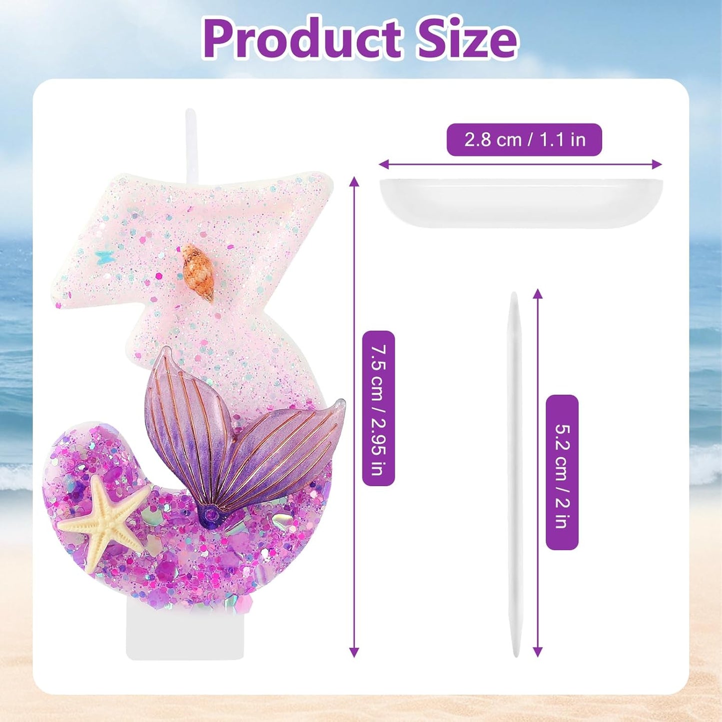 Purple Number 3 Candles Mermaid Birthday Candle 3nd Birthday Cake Topper Cupcake Decorations for Girls and Women Party Decor Anniversary Celebrations Supplies Favors