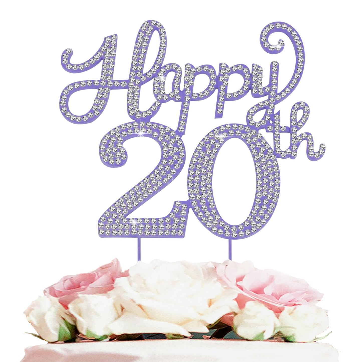 LASKYER Happy 20th Birthday Decorations,20th Birthday Purple Rhinestone Cake Topper - Cheers to Twenty Years Old Bday Party Metal Sparkly Cake Centerpieces Sign.