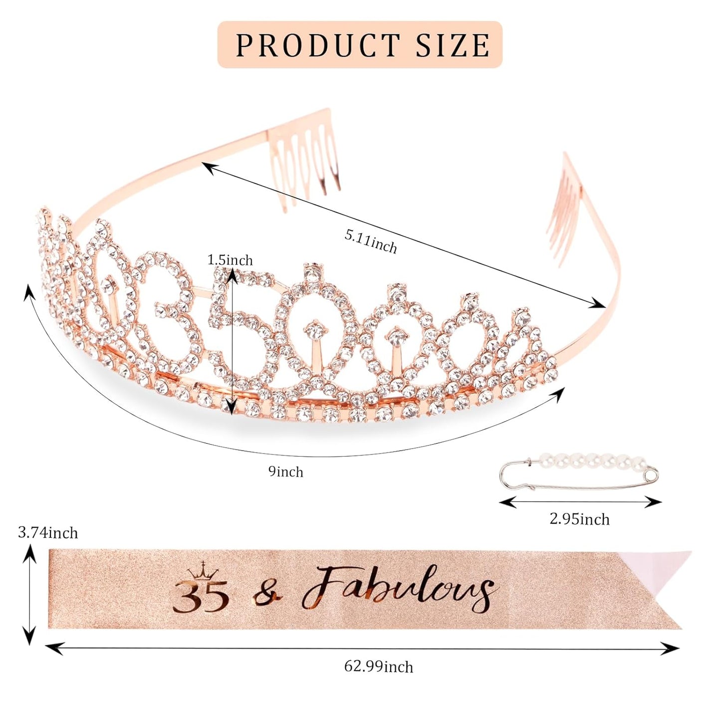 CIEHER 35th Birthday Crown & Sash Set + Tiara, Fabulous 35th Decorations & Gifts