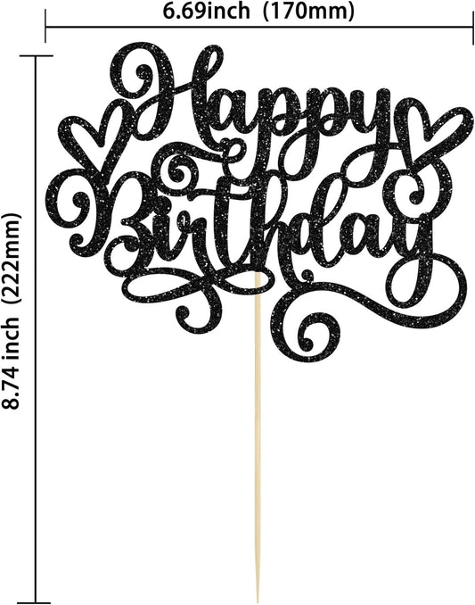 Gyufise 1Pcs Happy Birthday Cake Topper Glitter Cake Pick Bunting Decor for Anniversary Celebrating Party Cake Decorations Supplies Black