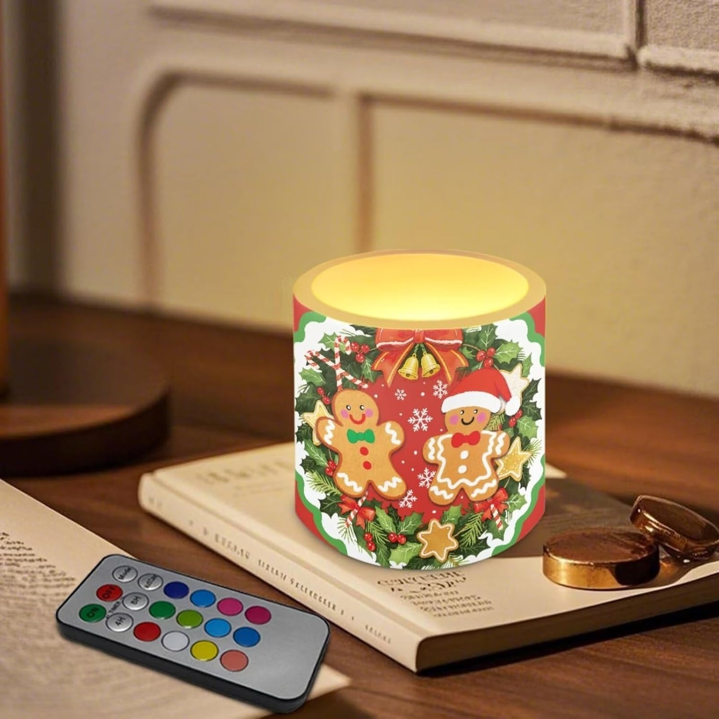 Poceacles Battery Operated LED Candles Set of 4 Remote and Timer Flameless Votive Candles, Christmas Flickering Tea Light for Home Parties Holidays Decor, Gingerbread Man Christmas Wreath Red