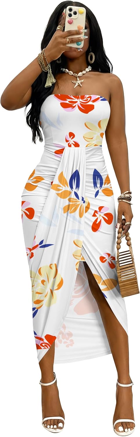 Umenlele Women's Strapless Ruched High Waist Wrap Split Asymmetrical Beach Maxi Long Dress