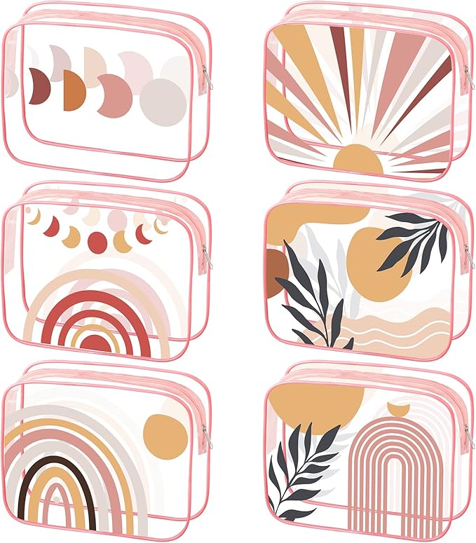 Cunno 6 Pcs Makeup Bags Gifts for Women Preppy Boho Smile Face Flamingo Clear Makeup Bags Cosmetic Transparent PVC Travel Toiletry Organizer for Birthday Party Favor(Boho Style)