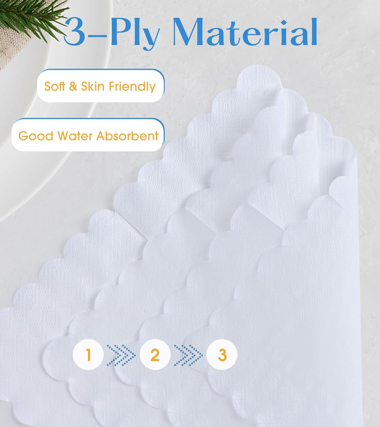 100 Pack Cocktail Napkins, 3-Ply Scalloped Edged Wedding Napkins Folded 5 x 5 Inches Dessert Napkins, Disposable Napkins for Dinner Birthday Party Bridal Anniversary Baby Shower Reception (White)
