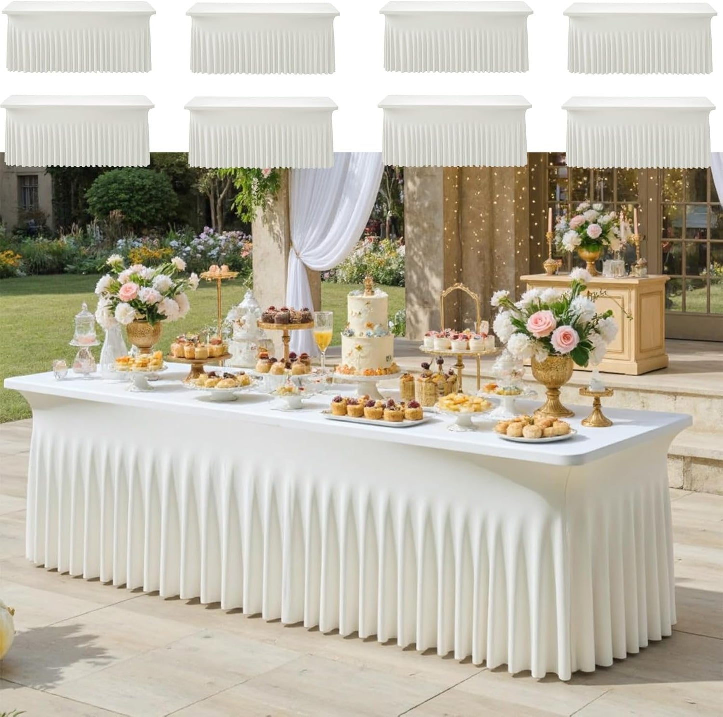 8pack Ivory Spandex Tablecloths 6ft for Rectangle Tables, Wrinkle Free Classy Table Skirt Stretchy 6 Foot Fitted Table Cloths Covers for Weddings Birthday Party Events Banquette Baby Shower