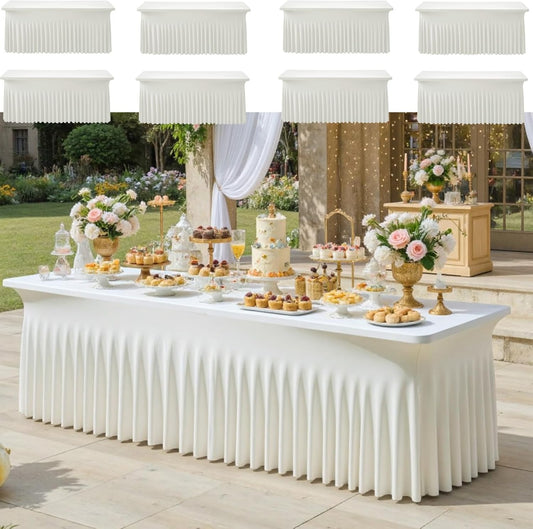 8pack Ivory Spandex Tablecloths 6ft for Rectangle Tables, Wrinkle Free Classy Table Skirt Stretchy 6 Foot Fitted Table Cloths Covers for Weddings Birthday Party Events Banquette Baby Shower