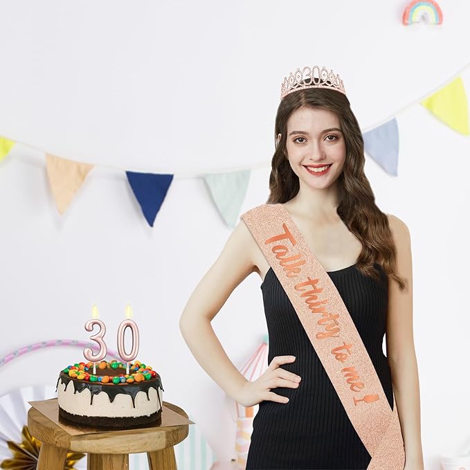 30th Birthday Decoration for Her with Rose Gold Sash, Tiara,Numbers Candles, Sincere 30th Birthday Gifts for Women