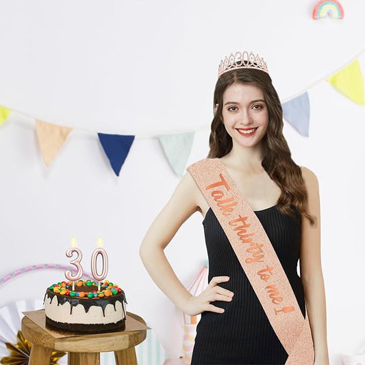 30th Birthday Decoration for Her with Rose Gold Sash, Tiara,Numbers Candles, Sincere 30th Birthday Gifts for Women