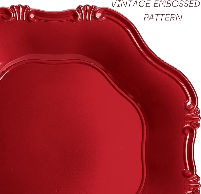 ZOOFOX Set of 12 Red Charger Plates, 13" Metallic Scalloped Charger for Dinner Plate, Decorative Service Plates for Christmas Tabletop Holiday Wedding Catering Event Decor