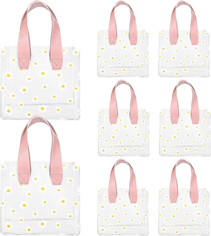 Whaline 12Pcs Daisy Clear PVC Gift Bags with Pink Handle Cute Flower Reusable Transparent Treat Bags for Mother's Day Baby Shower Wedding Birthday Bridesmaid Party Favor