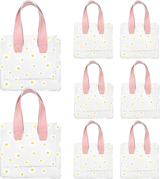 Whaline 12Pcs Daisy Clear PVC Gift Bags with Pink Handle Cute Flower Reusable Transparent Treat Bags for Mother's Day Baby Shower Wedding Birthday Bridesmaid Party Favor